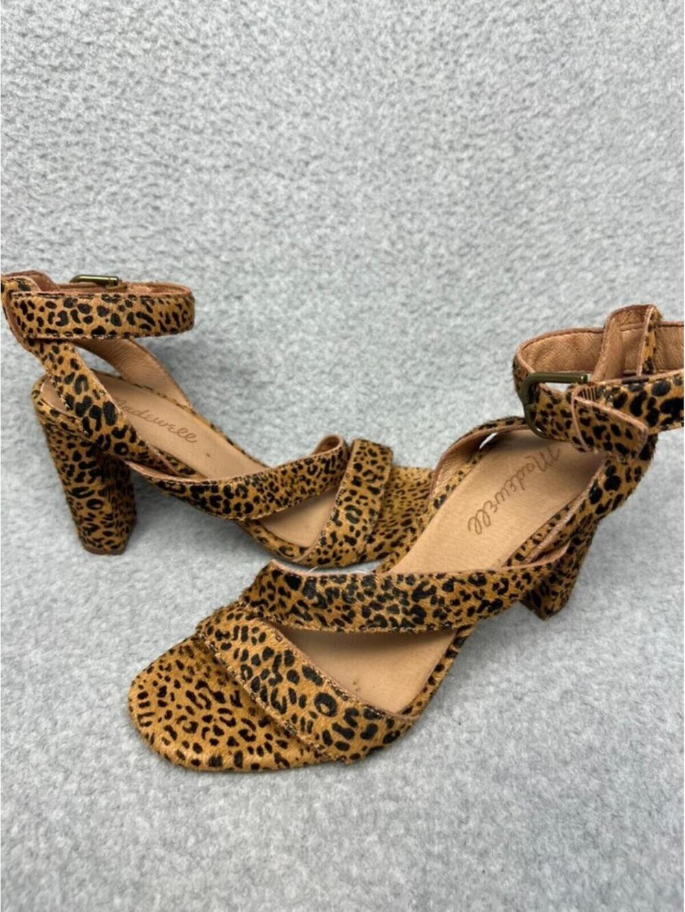 Madewell The Liv Sandal Mini Leopard Calf Hair Leather Strappy Block Heels 7 - Picture 3 of 6